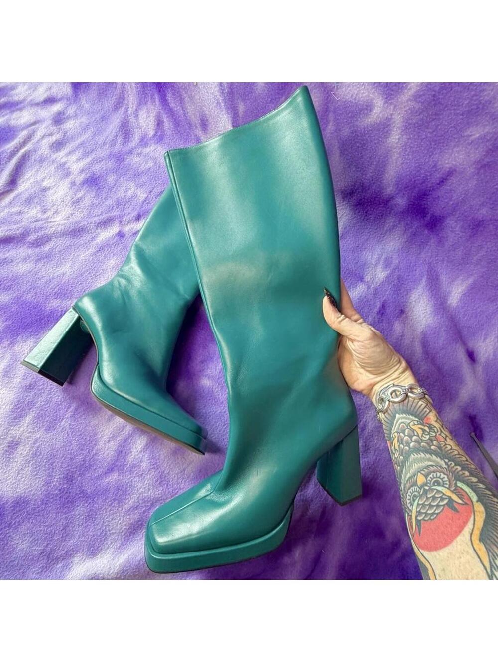 Jeffrey Campbell maximal leather boot in teal green
